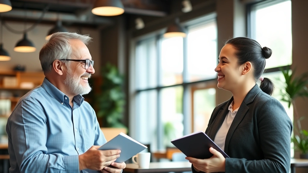Male mentor and young professional having engaging conversation in bright coffee shop, both smiling with notebooks visible, warm atmosphere, genuine mentorship moment captured naturally