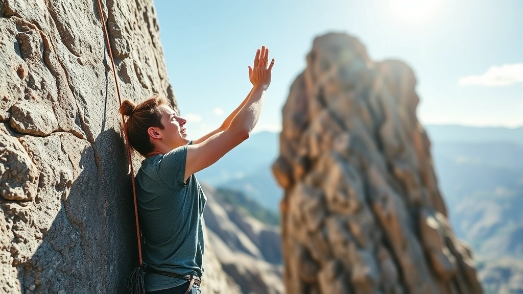 Person rock climbing outdoors on sunny day, reaching upward with focused expression, scaling challenging cliff face, mountains visible in background, authentic determination and growth visualization