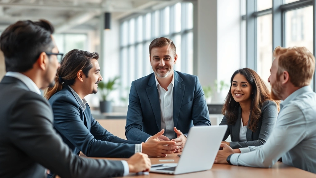 Professional businessman in modern office listening intently to diverse team members during collaborative meeting, natural lighting, genuine engagement and active listening body language, warm professional atmosphere