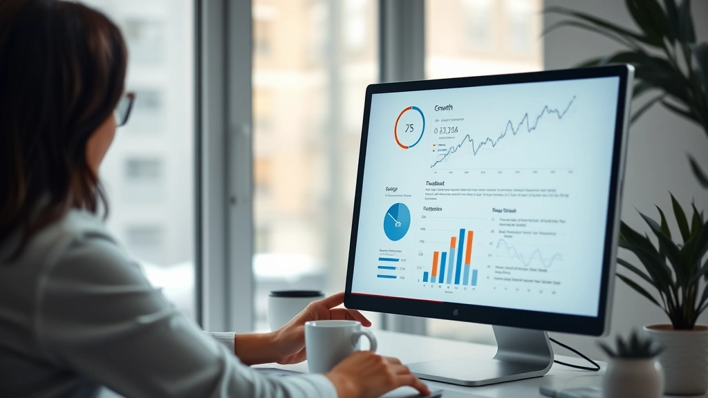 Woman analyzing growth charts and customer feedback data on computer screen, focused expression, coffee cup nearby, modern minimalist workspace, charts showing upward trends and customer insights