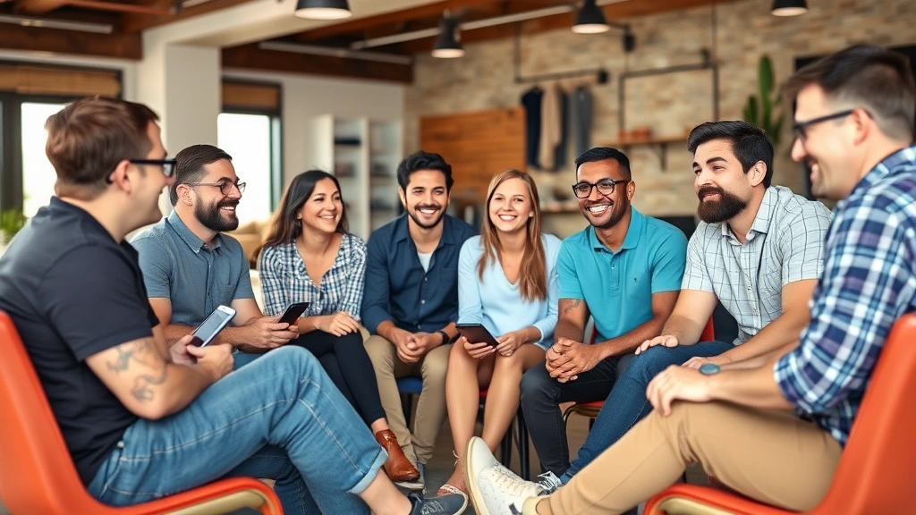 Diverse group of customers in casual setting discussing product feedback, smiling and engaged, sitting in circle formation, natural lighting, genuine connection and community feeling, no visible text or devices