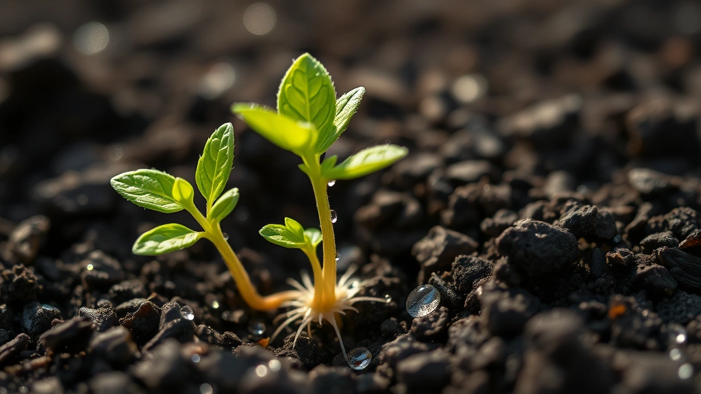 Close-up of dandelion seedling emerging from dark soil, showing tiny green leaves and delicate root structure, morning dew glistening, natural outdoor lighting
