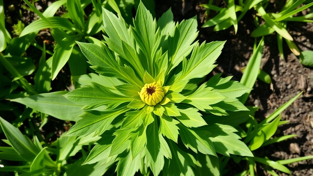 Mature dandelion rosette with fully developed lobed leaves radiating from center in lush green garden soil, sunlight highlighting leaf texture and detail