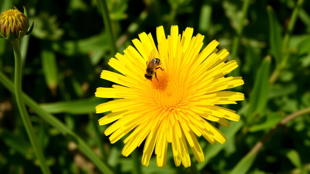 Golden yellow dandelion flower head in full bloom surrounded by green foliage, bee or butterfly pollinator visiting, bright daylight, botanical focus
