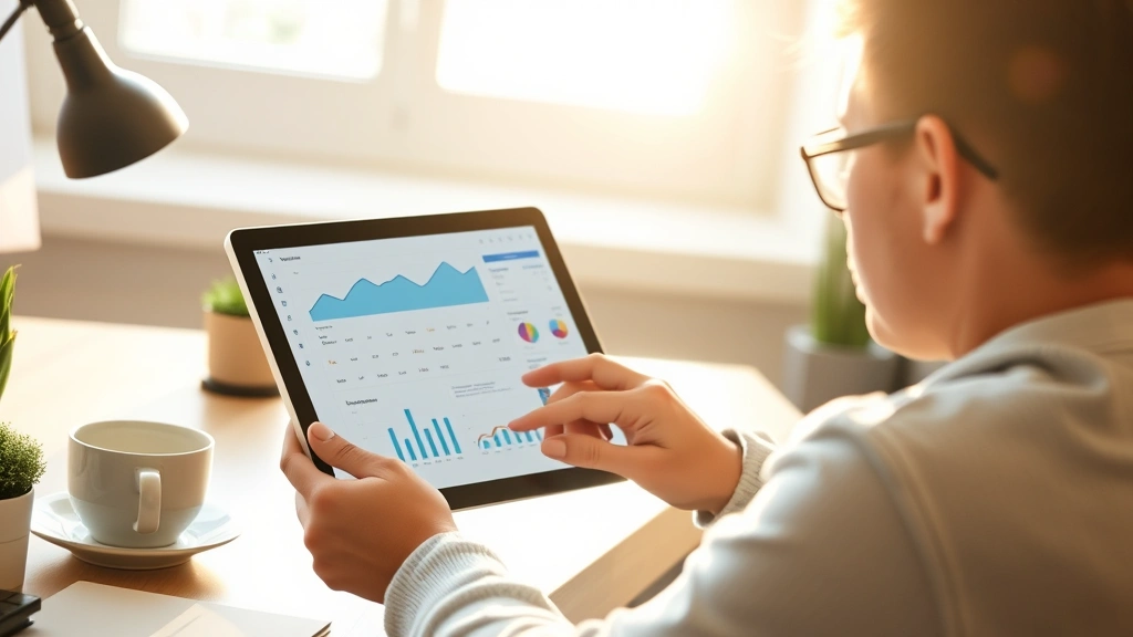 Person reviewing analytics dashboard on tablet in morning sunlight, focused expression, coffee cup nearby, minimalist home office, warm natural lighting