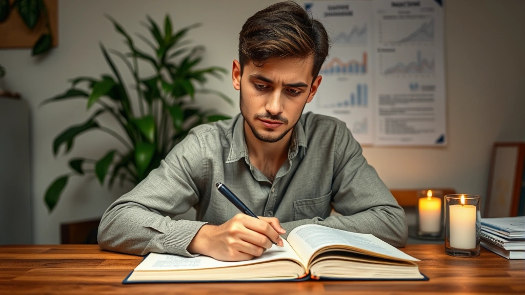 Individual writing in journal with growth charts visible on wall behind, plant in background, determined but calm expression, wooden desk, candlelit atmosphere