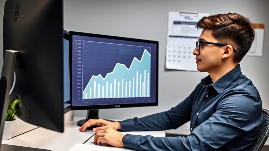 Young professional examining upward trending graph on computer screen, hands on desk, confident posture, modern office environment, motivational wall calendar visible