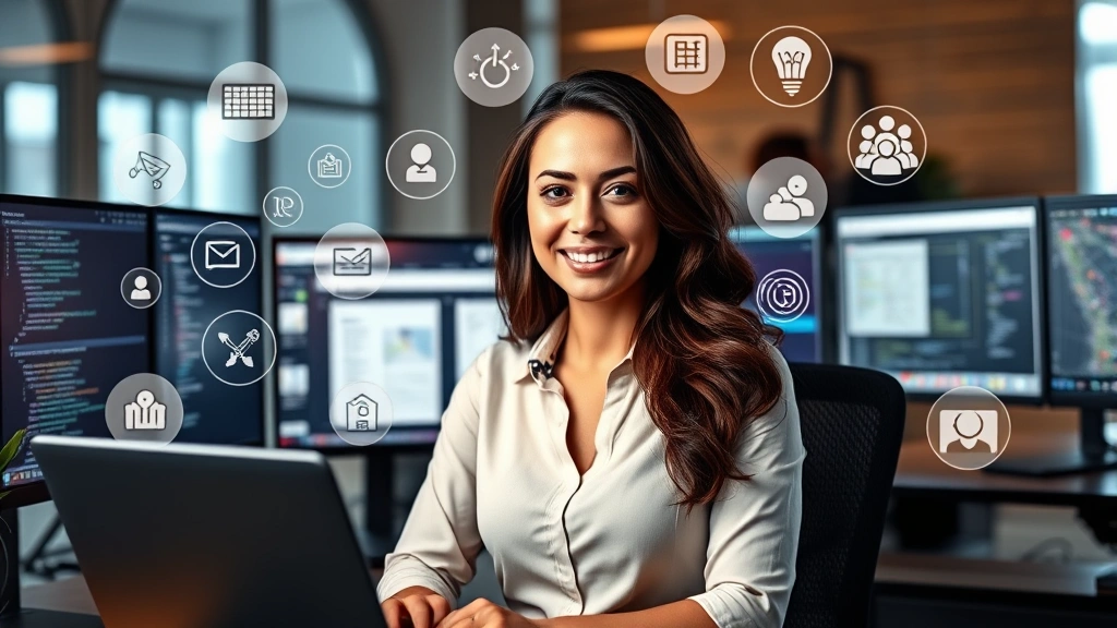 Professional woman at desk surrounded by diverse skill icons (coding, design, business, communication) with warm lighting, confident expression, modern workspace with multiple monitors showing different projects