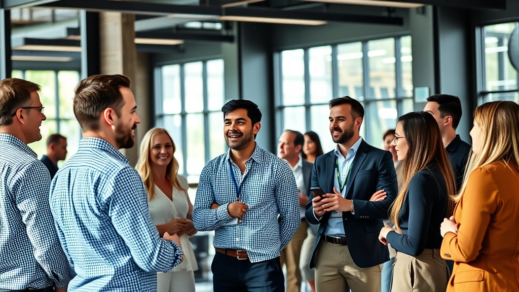 Diverse group of professionals from different industries networking at a modern conference venue, engaged in genuine conversation, natural lighting through large windows, collaborative atmosphere