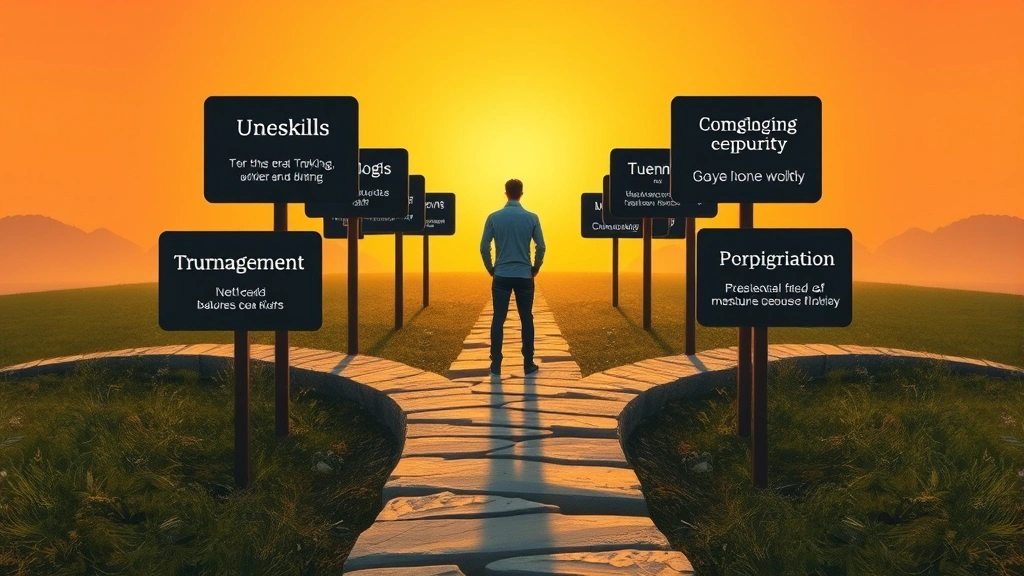 Person standing at intersection of multiple paths, each labeled with different skills and opportunities, looking forward with determination, sunrise background symbolizing new possibilities and growth