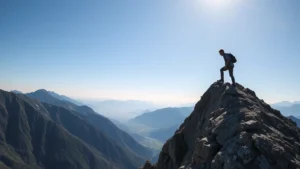 Person climbing mountain with clear sky and distant valley, representing growth phases and reaching capacity, photorealistic daylight photography