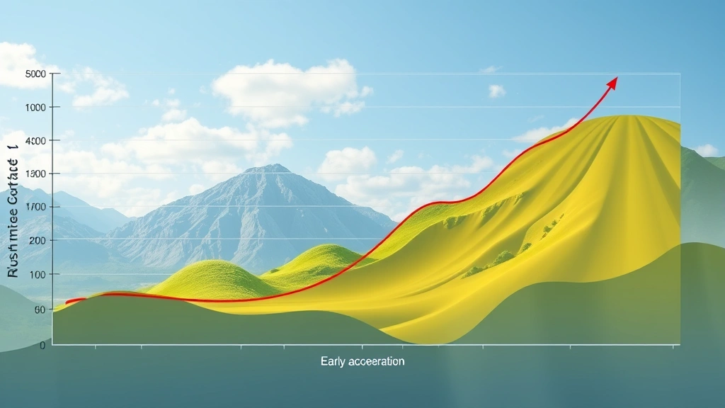 Graph visualization showing S-curve growth pattern with early acceleration and plateau, represented through natural landscape elevation changes, photorealistic