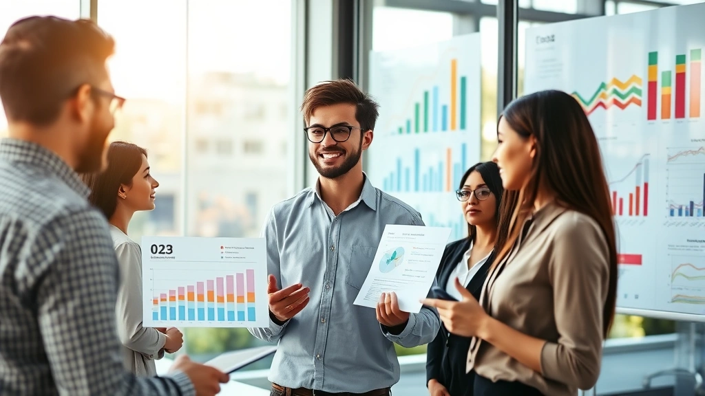 A young professional confidently presenting demographic data to colleagues in a modern office, surrounded by charts and growth visualizations on glass walls, natural sunlight streaming through windows, diverse team engaged and motivated