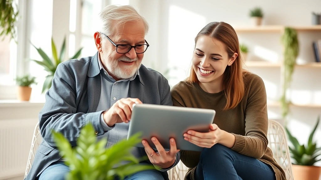 An elderly person and young adult collaborating on a tablet while sitting in a bright, contemporary workspace with plants and natural elements, both smiling and focused on screen together, intergenerational connection