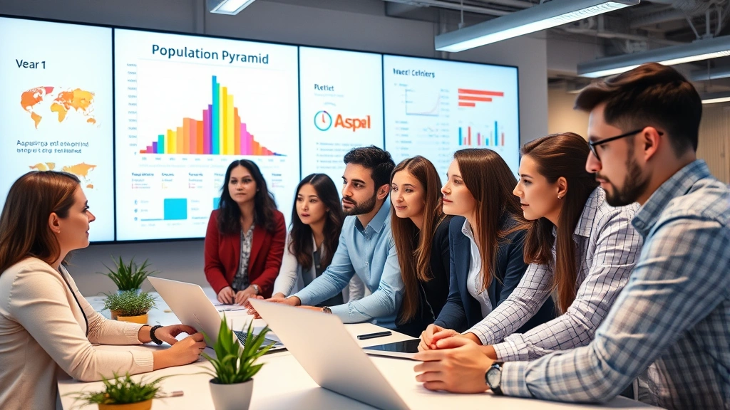 A diverse group of professionals of various ages working together in a collaborative innovation space, examining population pyramid charts on a digital display wall, energized and forward-thinking atmosphere