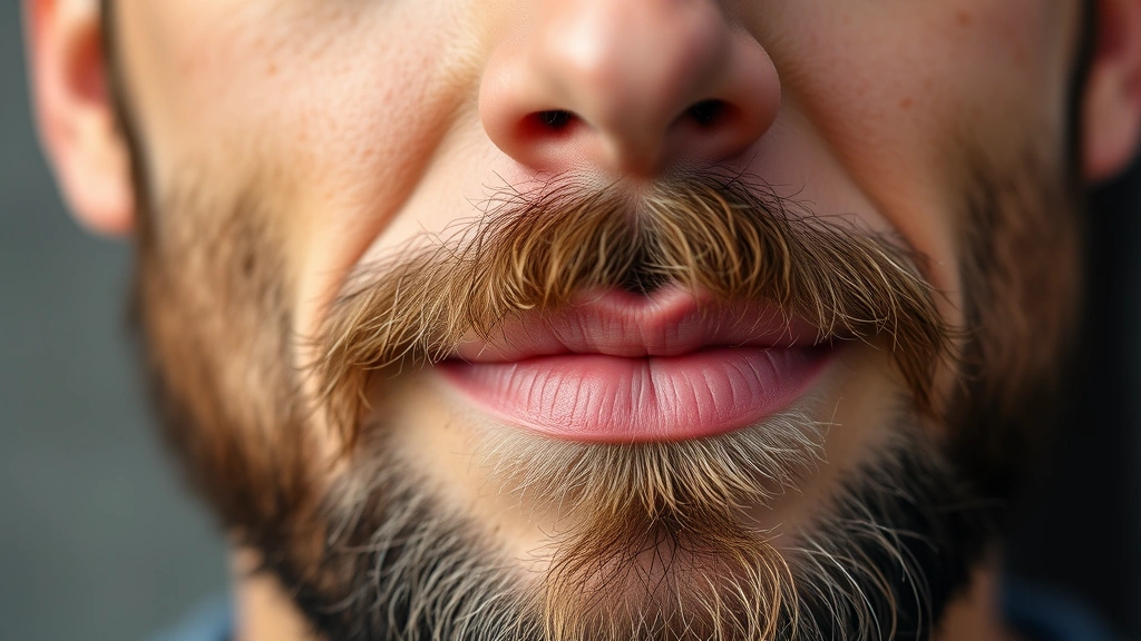 Close-up of a man's face showing healthy beard growth and skin texture, natural lighting, confident expression, well-groomed facial hair with visible density