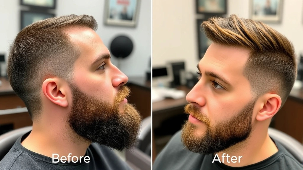 Before and after comparison showing beard density improvement, man with fuller facial hair after consistent dermarolling treatment, professional grooming setting