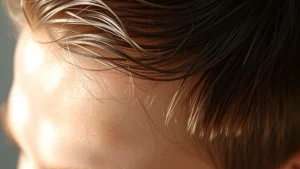 Close-up of scalp with healthy hair follicles, showing improved texture and density, warm natural lighting, person with visible confidence and wellbeing