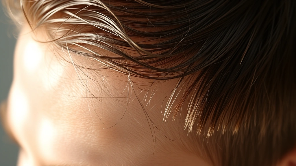 Close-up of scalp with healthy hair follicles, showing improved texture and density, warm natural lighting, person with visible confidence and wellbeing