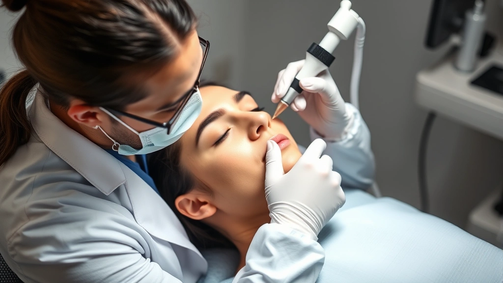 Professional dermatologist performing microneedling treatment on patient's scalp, sterile clinical setting, precision technique demonstration, calm focused atmosphere