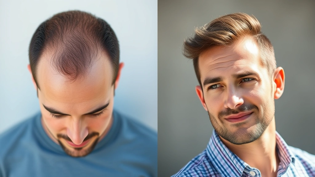 Before and after scalp comparison showing hair thickness improvement, natural sunlight, person's renewed confidence reflected in their posture and expression