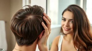A person examining their scalp in a mirror with visible hair regrowth and improved hair density, professional lighting highlighting the fuller hair appearance, serene and hopeful expression, bathroom setting with natural light