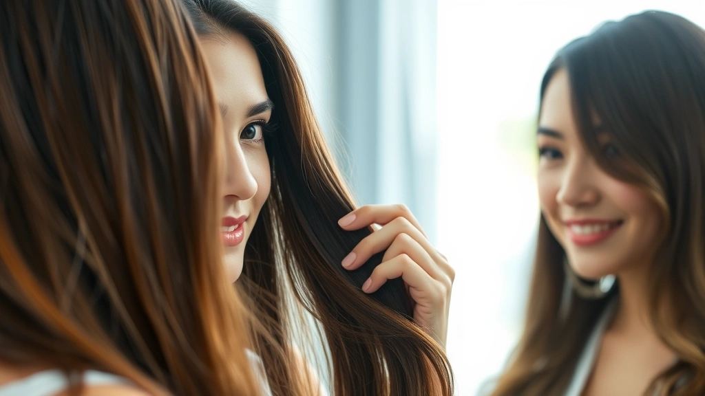 Young professional woman examining healthy hair in mirror, confident expression, natural lighting, close-up of shiny hair strands showing vitality and wellness