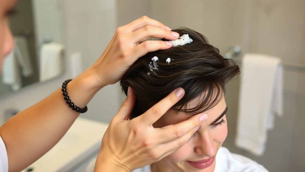 Person applying topical hair treatment to scalp, hands visible, focused concentrated expression, clinical yet encouraging atmosphere, bathroom setting