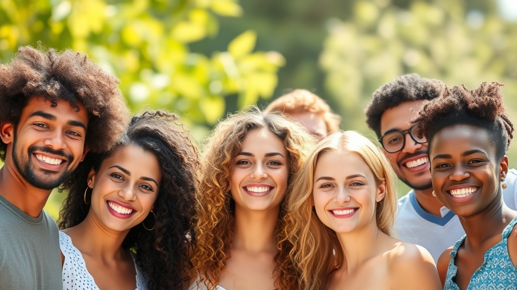 Diverse group of people smiling confidently outdoors, various hair types visible, sunny natural lighting, representing hair health success and personal growth achievement