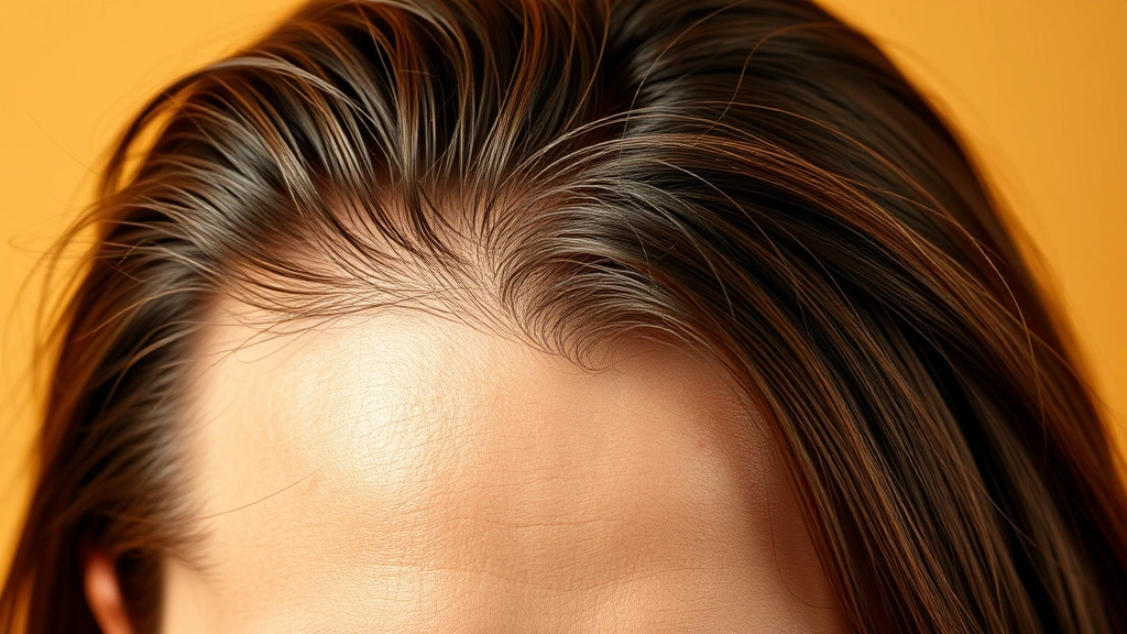 Close-up of healthy scalp with thick hair strands showing natural shine and vitality, warm professional lighting, person appearing confident and satisfied with hair health