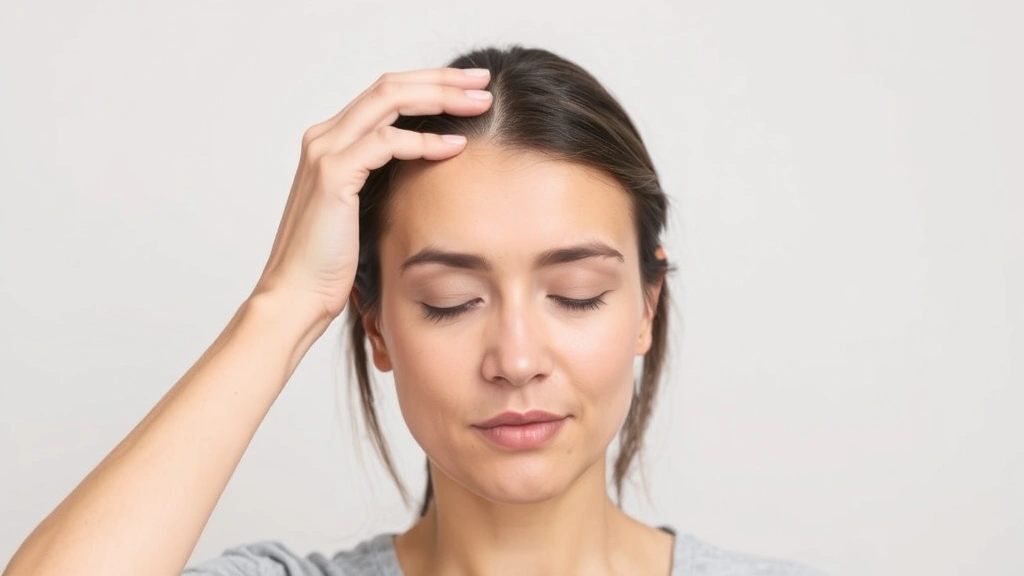 Person performing scalp massage with fingertips, demonstrating proper technique, serene expression suggesting stress relief and self-care, neutral background emphasizing the massage motion