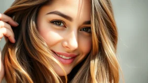 Woman with glowing, thick hair running fingers through locks, natural sunlight, confident expression, close-up of hair texture showing health and shine, no visible products or text