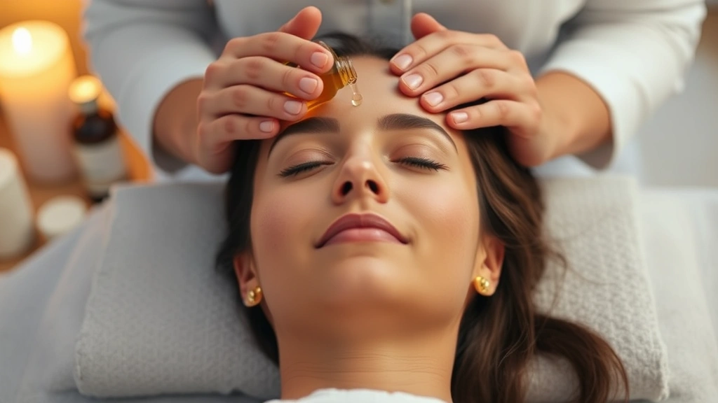 Person receiving scalp massage with oil, hands massaging temples, peaceful expression, warm lighting, focus on relaxation and wellness, no visible product bottles or labels
