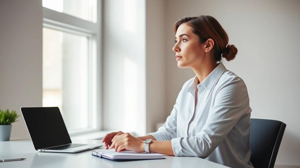 A professional woman in her 30s sitting at a modern desk with a notebook, looking thoughtfully out a window with natural light streaming in, hands relaxed, expression contemplative and determined, minimalist workspace background, representing mindful self-reflection and strategic thinking.