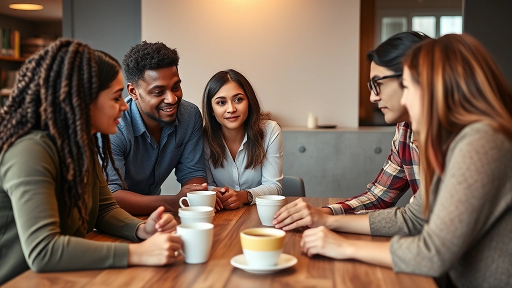 A diverse group of four people in a casual collaborative setting, engaged in focused discussion around a table with coffee cups, leaning forward with engaged body language, warm lighting, representing community support and growth-oriented relationships without any visible text or documents.