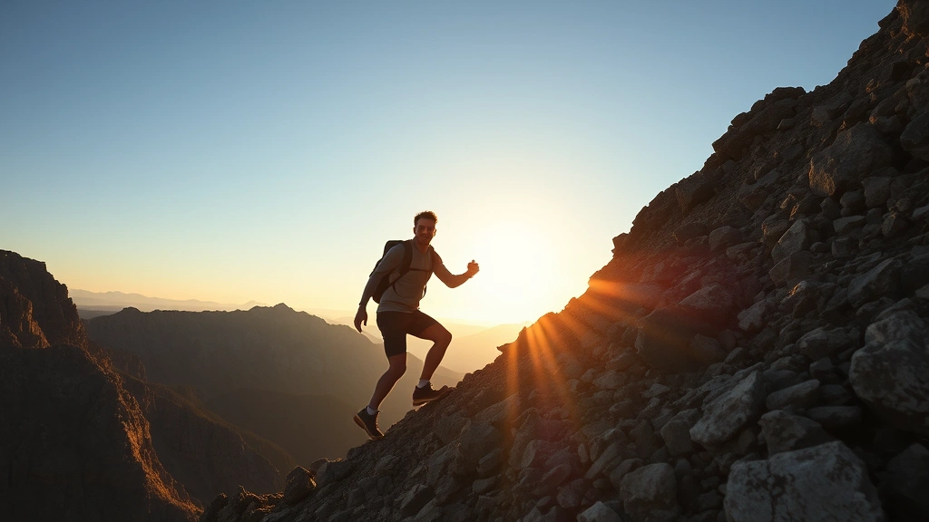 A person climbing a rocky mountain path during golden hour, reaching toward the summit with a clear sky ahead, determined expression, mid-stride on natural terrain, representing overcoming challenges and personal elevation through persistent effort and strategic progress.