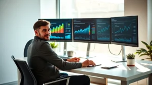 Professional entrepreneur working at modern minimalist desk with multiple monitors showing growth charts and analytics dashboards, sunlight streaming through windows, confident focused expression, contemporary office environment, representing data-driven decision making and business growth