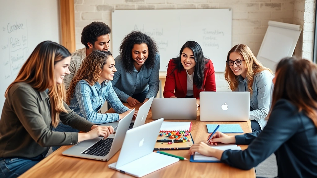 Diverse team of young professionals collaborating around a wooden table with laptops and notebooks, brainstorming session with whiteboards visible, energetic positive atmosphere, natural lighting, representing teamwork and innovation culture