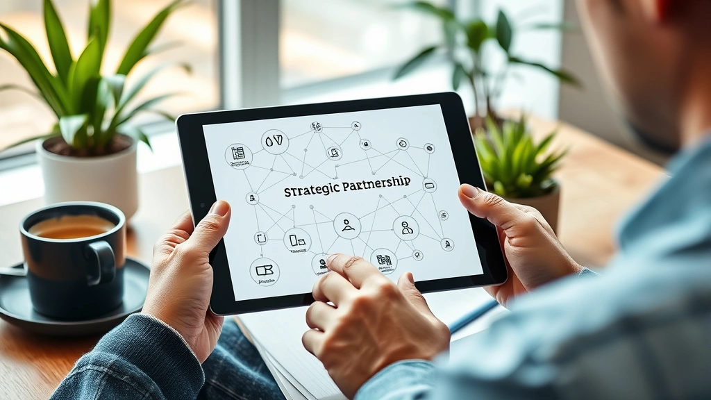 Person reviewing strategic partnership documents and network diagrams on tablet screen, connected nodes visualization representing business connections, modern workspace with coffee and plants, representing collaboration and network leverage