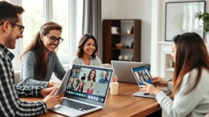 Diverse group of professionals collaborating remotely on laptops and tablets in a modern home office, smiling and engaged in virtual learning session, natural lighting from windows, laptop screens showing video conference interface