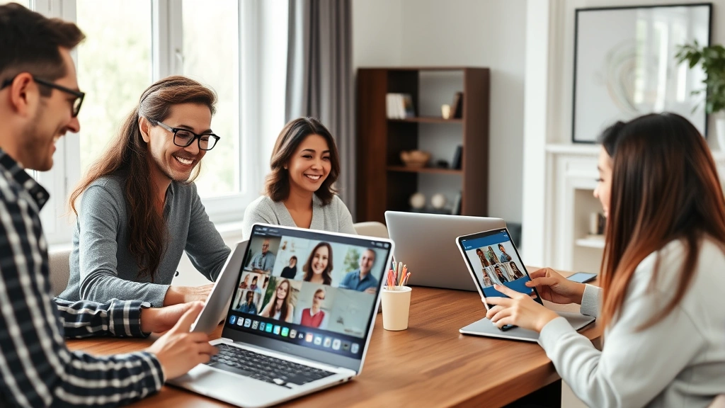 Diverse group of professionals collaborating remotely on laptops and tablets in a modern home office, smiling and engaged in virtual learning session, natural lighting from windows, laptop screens showing video conference interface