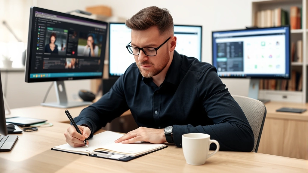 Person writing in notebook at desk with multiple monitors showing community platform, coffee cup nearby, bookshelf in background, focused expression showing goal progress tracking and implementation