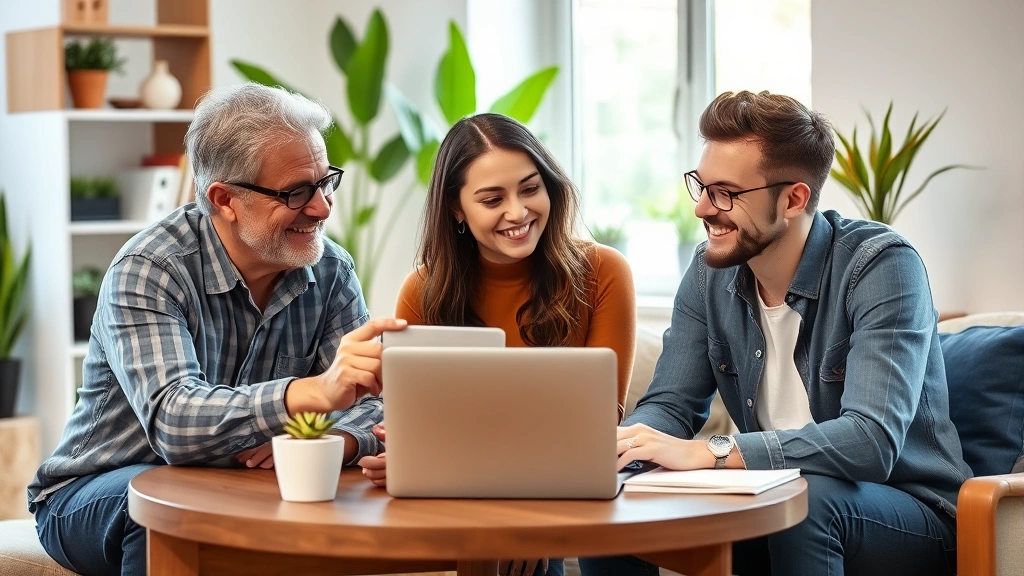 Diverse mentoring moment: experienced professional explaining concept to younger team member at coffee table with laptop open, warm supportive atmosphere, both smiling, plants and natural home office setting visible