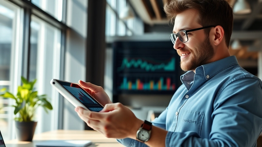 A professional investor reviewing financial charts on a tablet in a modern office, displaying confident growth mindset with upward trending graphs visible on screen, natural lighting