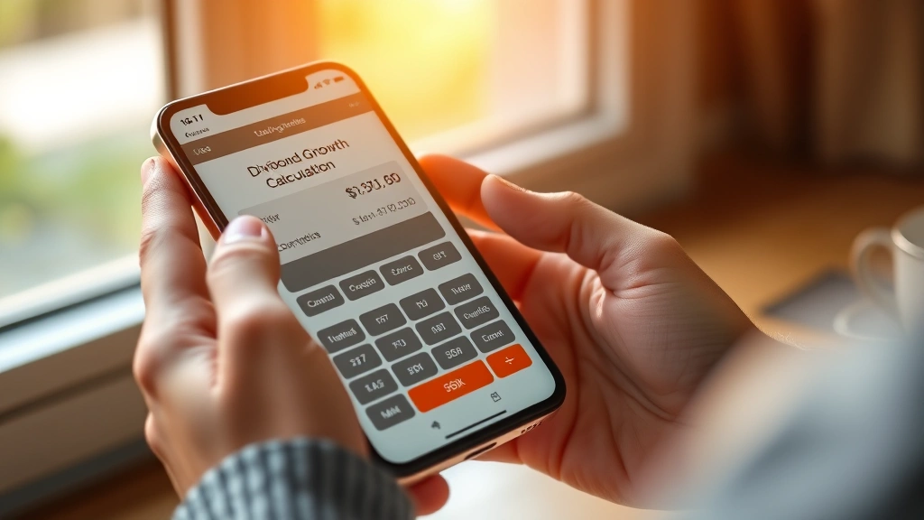 Close-up of hands holding a smartphone showing a dividend growth calculator app with compound growth projections, coffee cup nearby, warm natural sunlight through window