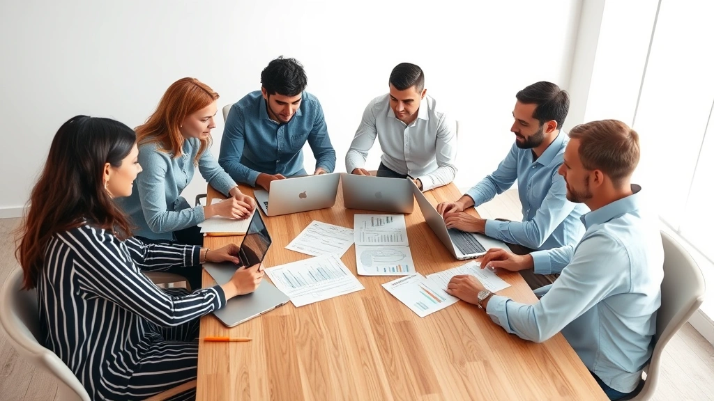 A diverse group of young professionals collaborating around a wooden table with financial documents and laptops, discussing investment strategies, modern minimalist office environment