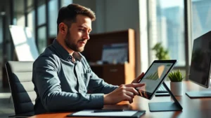 Professional investor reviewing financial charts on tablet at modern office desk, confident expression, natural morning sunlight, showing growth trajectory visualization on screen, photorealistic