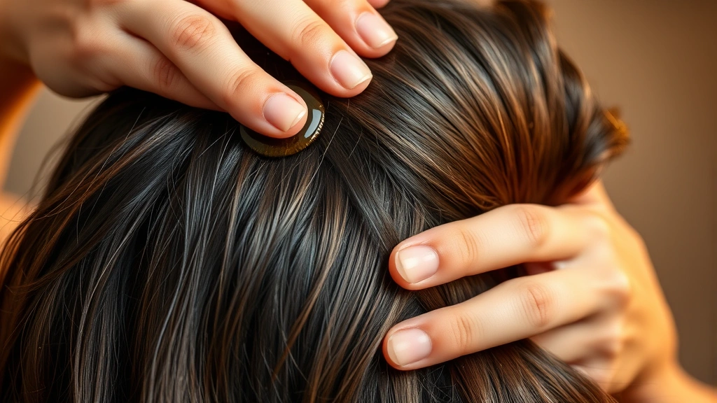 A person with visibly thick, shiny, healthy hair gently massaging warm oil into their scalp with fingertips, warm lighting highlighting the texture and shine of their hair