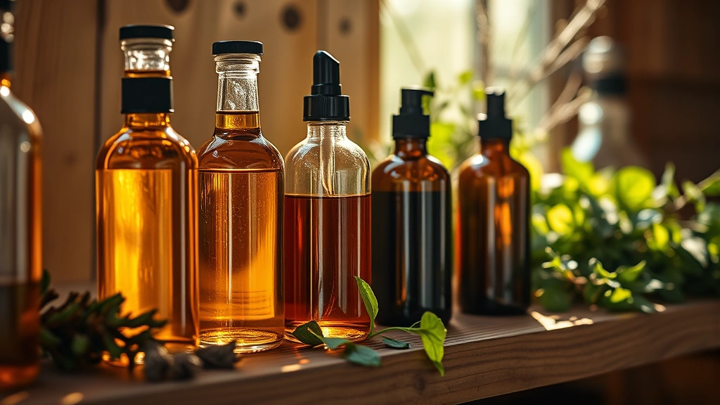 Close-up of glass bottles containing golden and amber-colored oils on a wooden shelf, natural sunlight creating warm tones, surrounded by fresh herbs and botanical elements