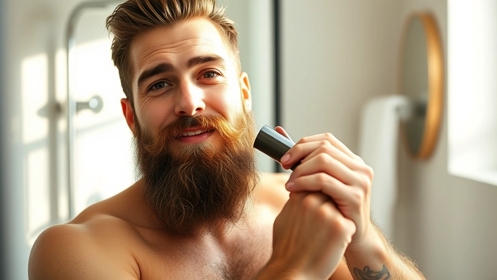 Man confidently grooming full, healthy beard in modern bathroom, natural morning light, focused expression of self-care and personal improvement